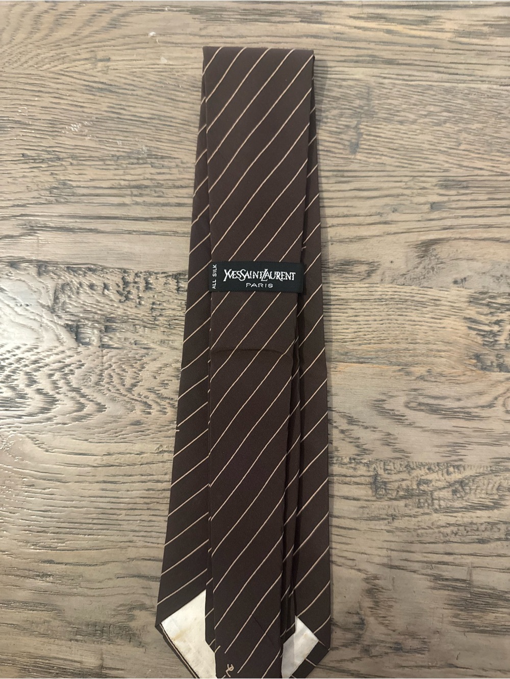 Vintage Saint Laurent Brown Tie with Beige Pinstripes - Picture 2 of 3